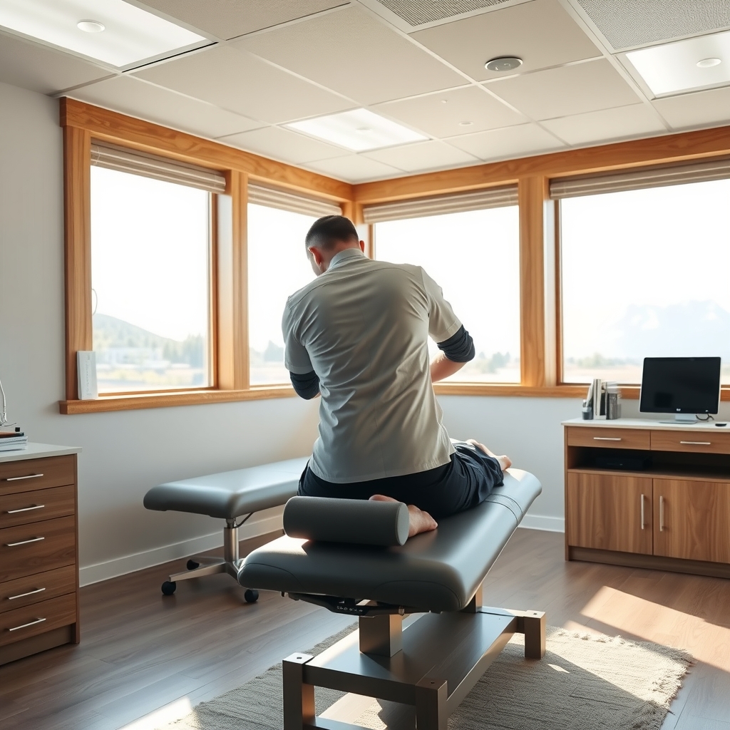Chiropractor consulting with a patient in a sunlit clinic treatment room in Holladay, UT.