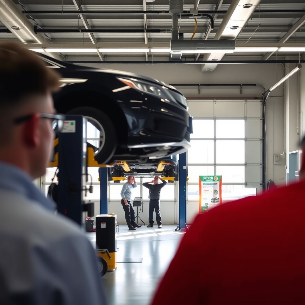 Mechanics working inside an auto repair shop in Cottonwood Heights, UT.