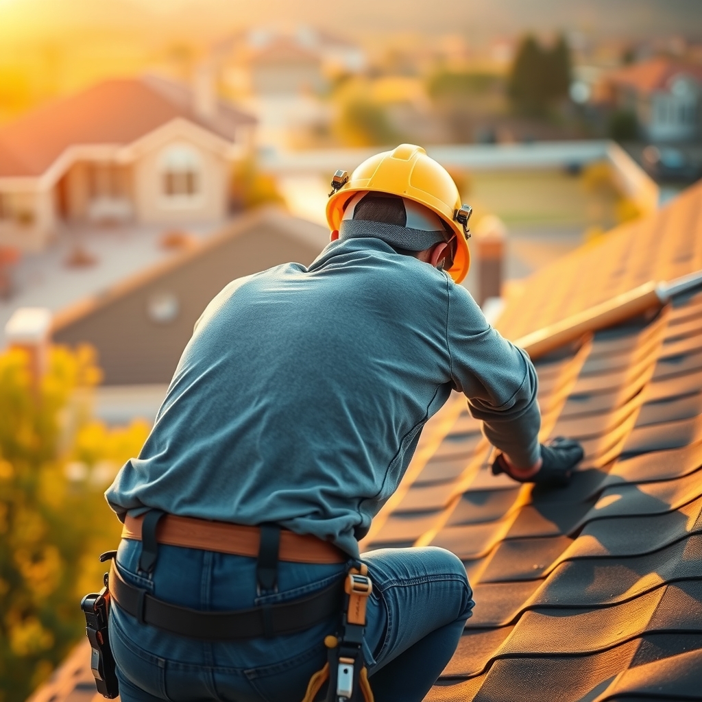 Roofer working on a residential home in Draper, UT during morning light