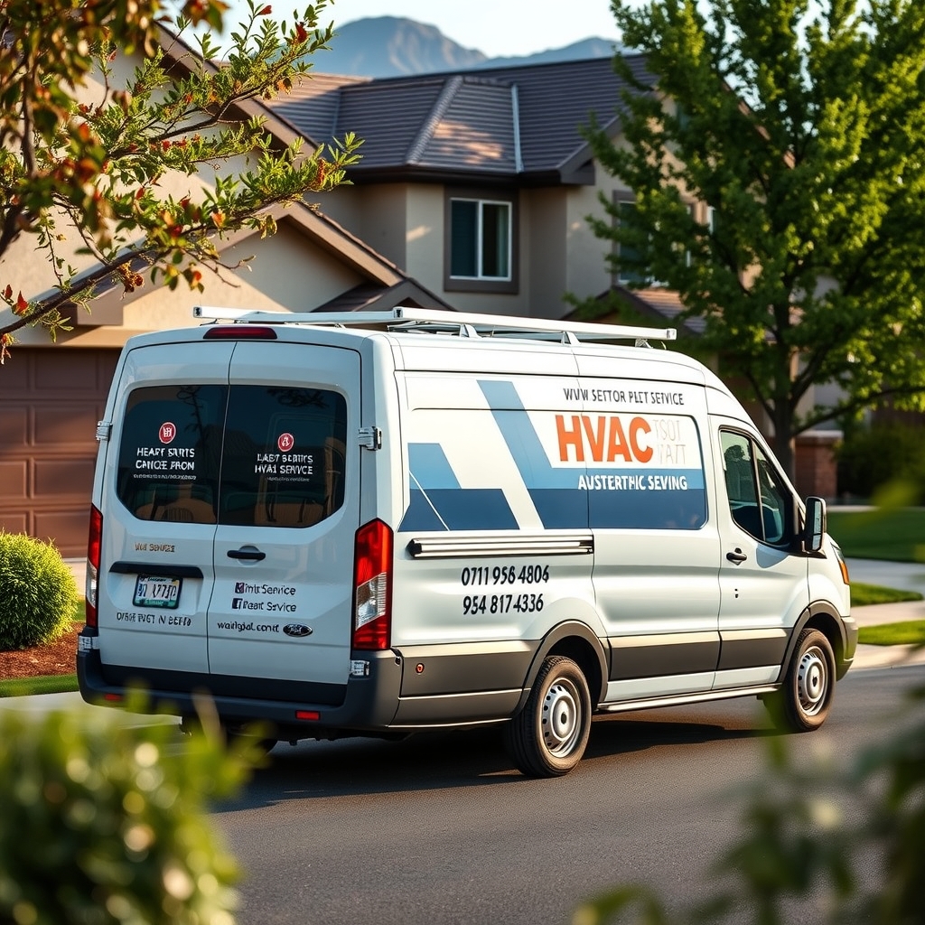 HVAC service vehicle parked at a home in Draper, UT with mountain backdrop.
