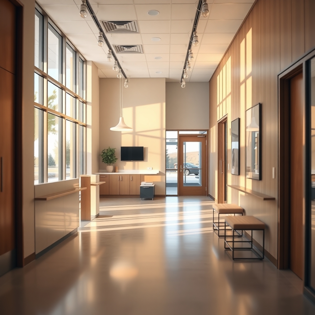 Modern dental clinic interior in Millcreek, UT with warm natural lighting.