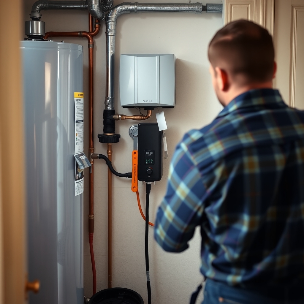 A professional plumber working on a water heater system in a Murray, UT home.