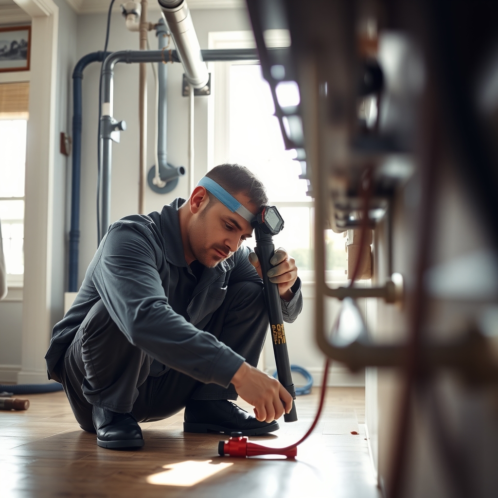 Plumber working on residential pipes in a home in Draper, UT.