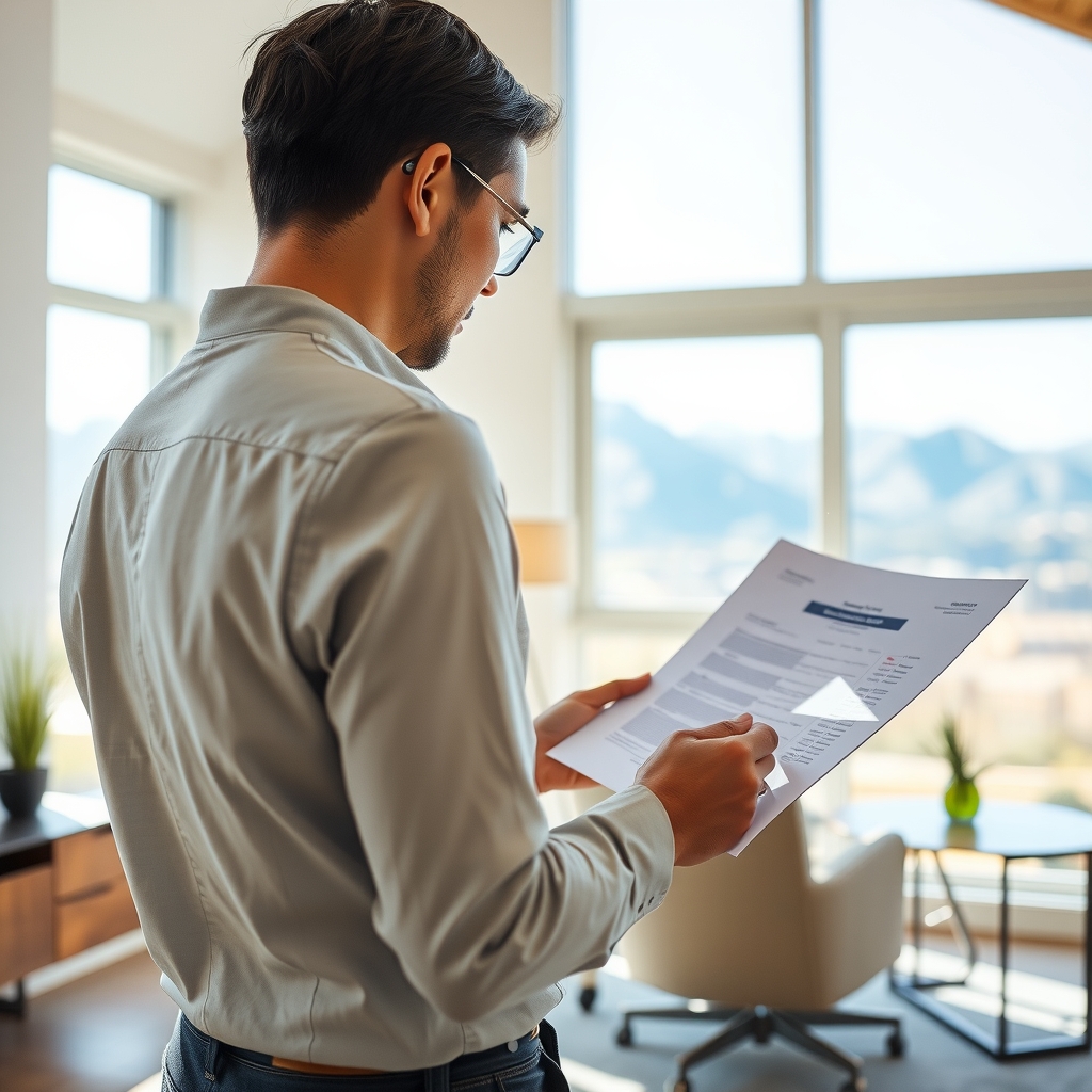 Real estate agent reviewing documents in a home office overlooking mountains in Cottonwood Heights, UT