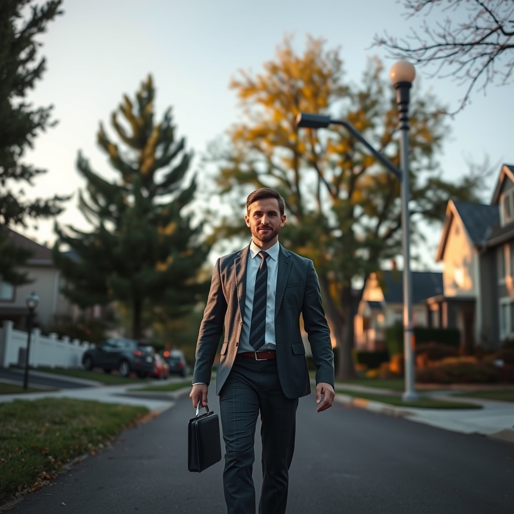 A real estate agent walking down a residential street in Salt Lake City, UT during sunset