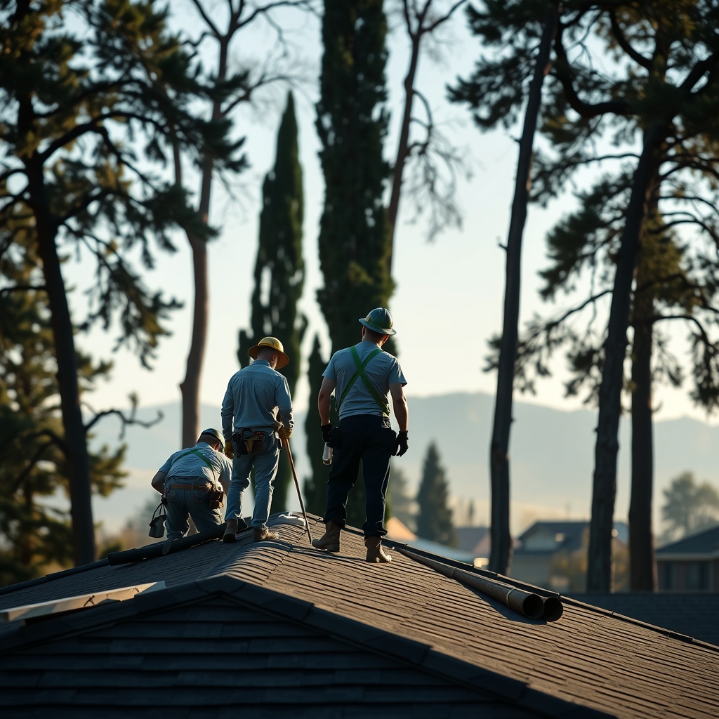 Roofers working on a residential roof in Holladay, UT with mountain backdrop in the morning light.