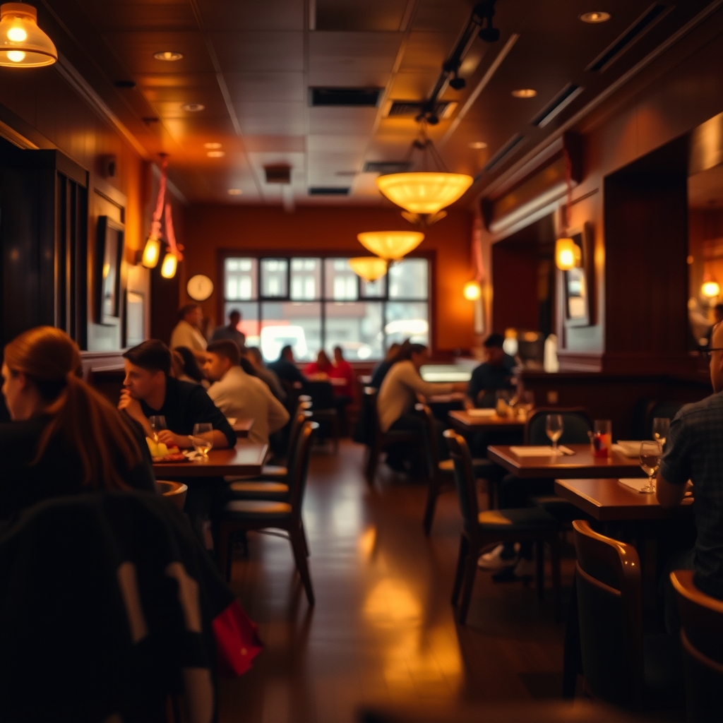Interior view of a cozy restaurant in Salt Lake City, UT with warm lighting and dining guests.