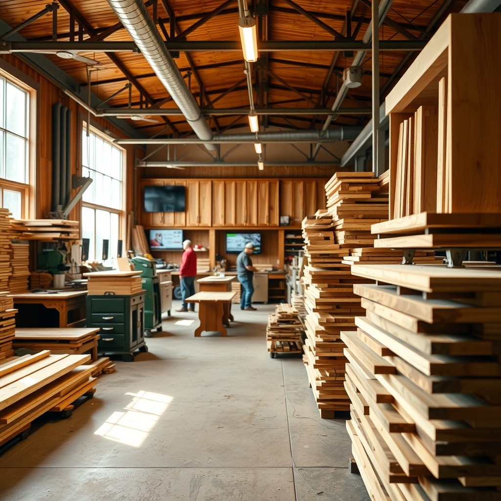 Cabinet shop interior with woodworkers and lumber in Lehi, UT