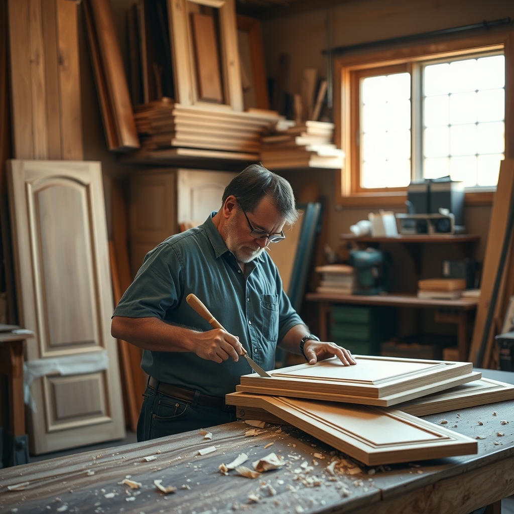 Cabinet maker working in a wood shop in Saratoga Springs, UT.