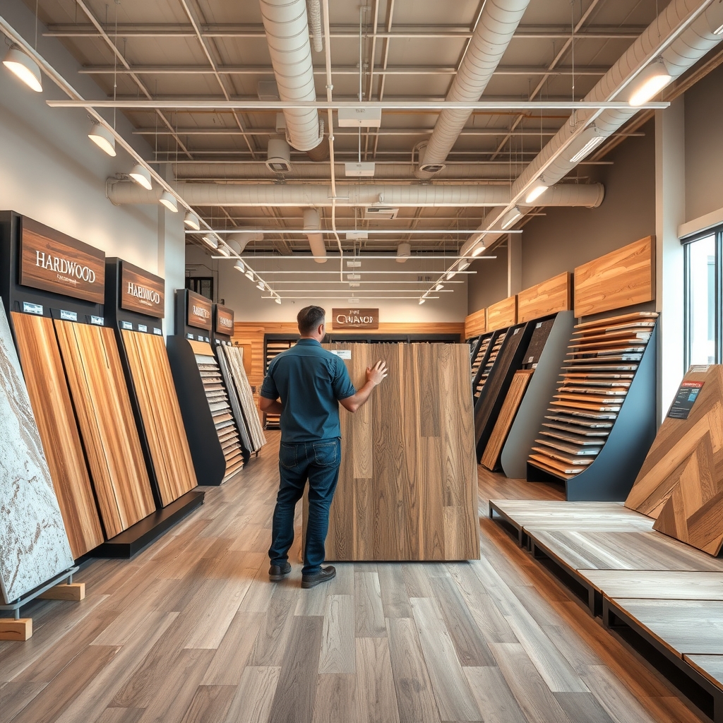 Flooring showroom display with wood and tile samples in Saratoga Springs, UT.