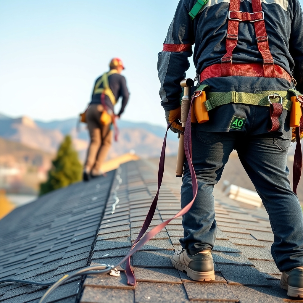 A professional roofer working on a residential roof with mountain views in Pleasant Grove, UT.