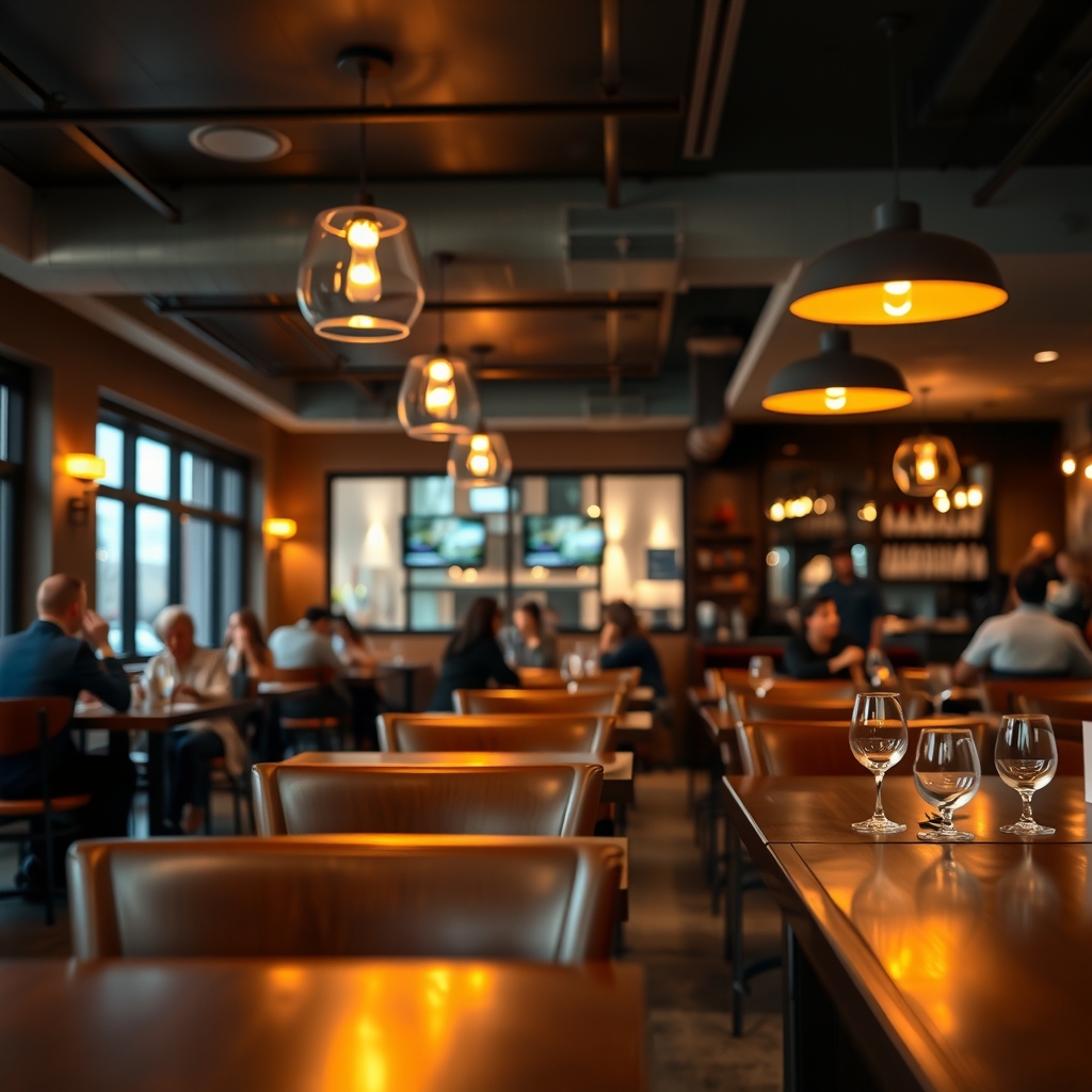 Cozy and welcoming interior of a restaurant in Lehi, UT during dinner service.