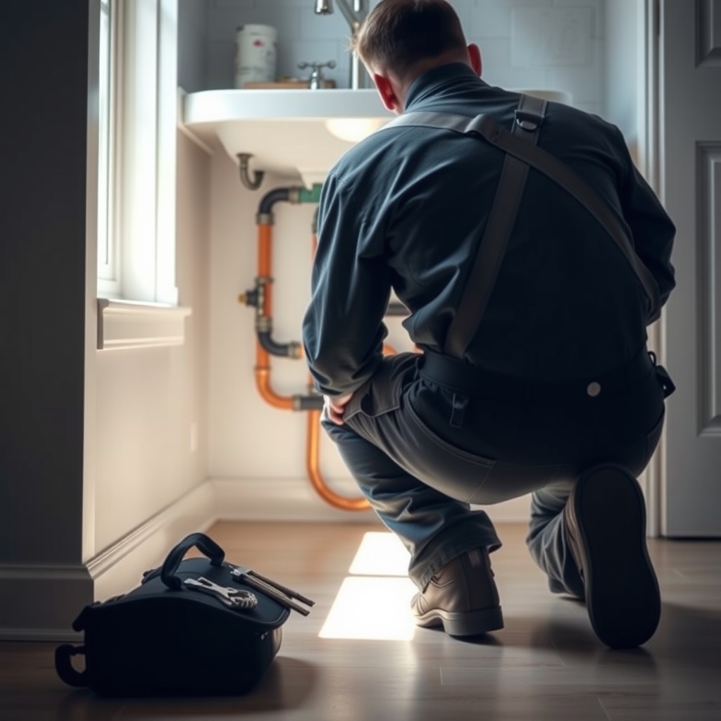 Plumber inspecting residential water pipes in a Pleasant Grove, UT home during a routine service call.