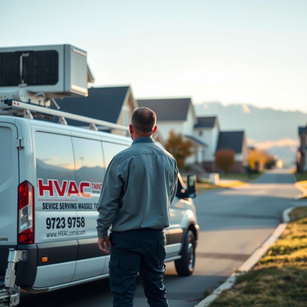 An HVAC technician working at a residential home in American Fork, UT during late afternoon sunlight.