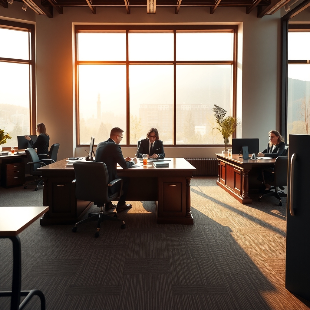 Professional interior of a law firm office in Orem, UT with natural lighting and working desks.