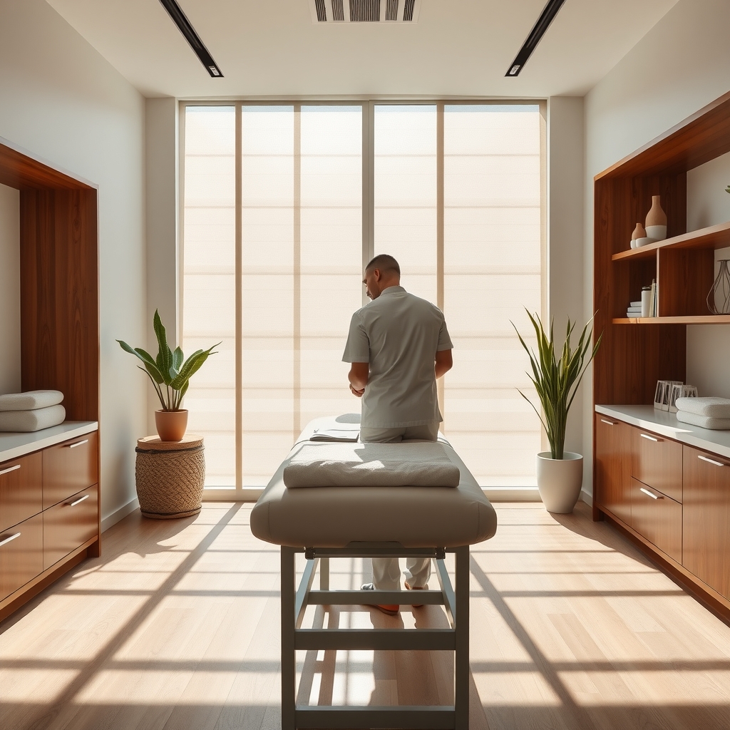 Serene and modern treatment room inside a chiropractic practice in Jupiter, FL.
