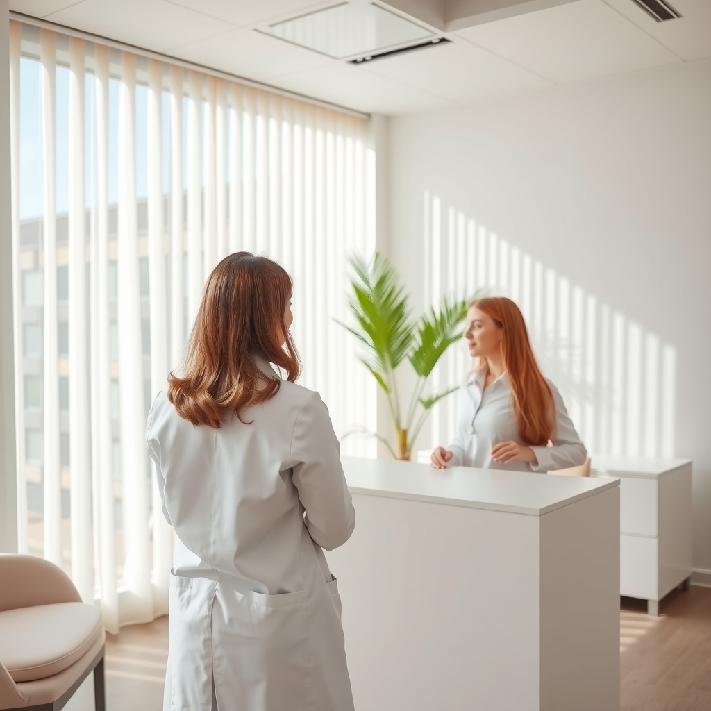Modern dermatologist consultation office in Wellington FL with physician consulting with a patient in soft natural light.
