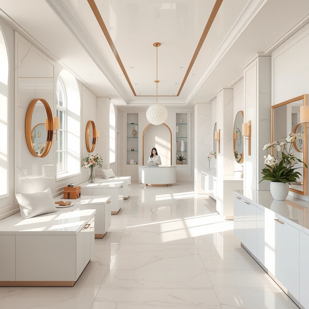 Elegant interior of a modern med spa in Palm Beach, FL with soft natural light