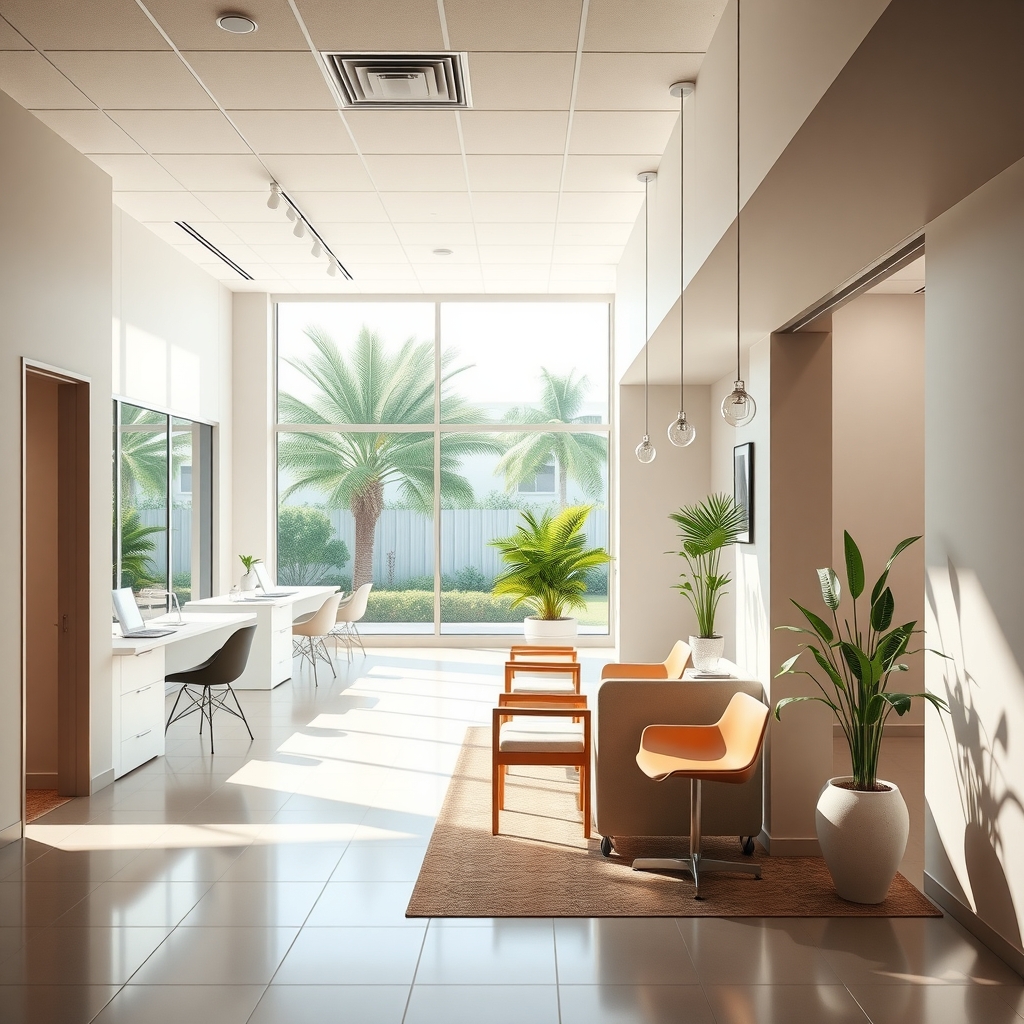 Modern dermatology practice reception area in Boca Raton, FL with natural light