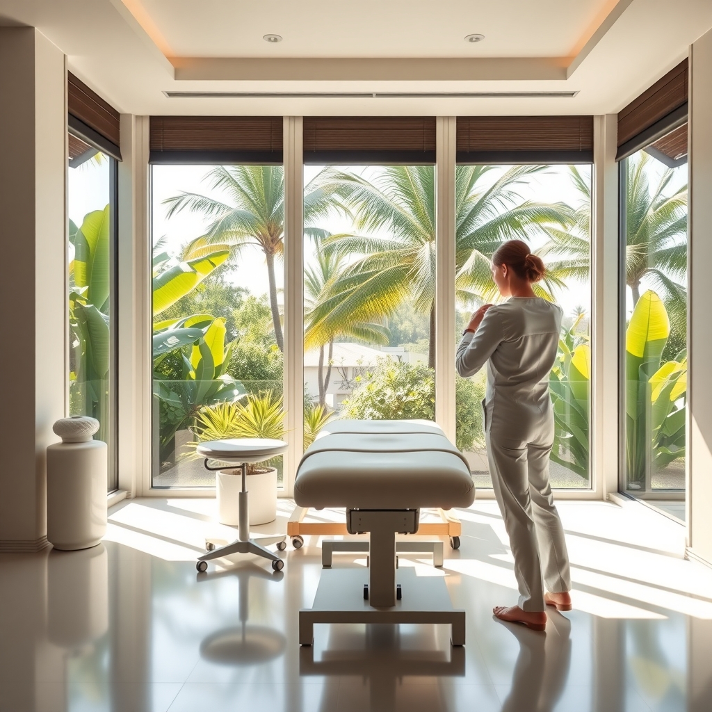 Modern chiropractic clinic treatment room in Palm Beach Gardens, FL with natural light and professional care equipment.