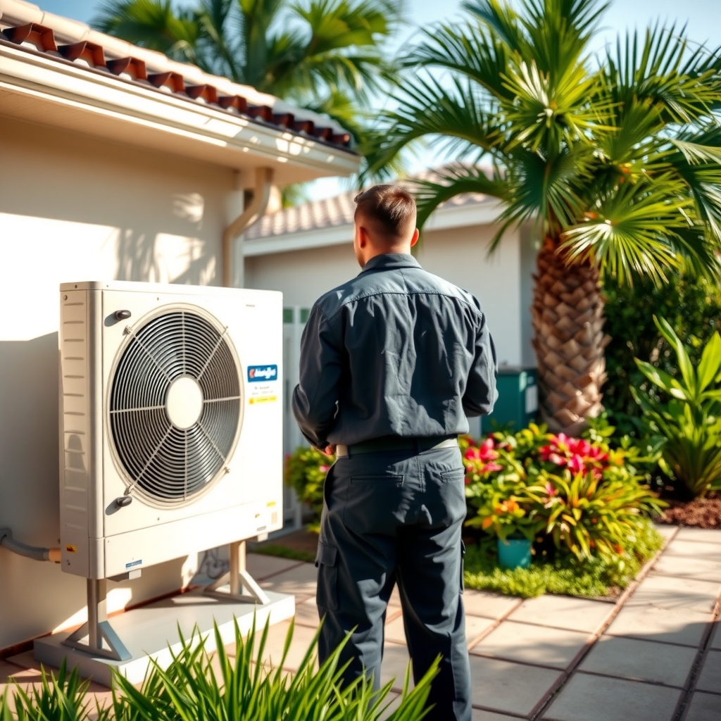 Professional HVAC technician servicing an outdoor air conditioning unit in Delray Beach, FL.