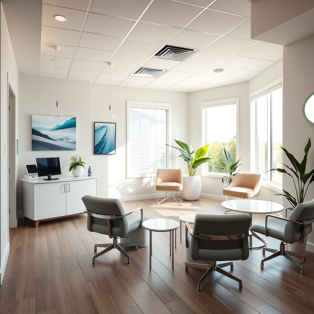 Modern dental office interior in Palm Beach Gardens, FL flooded with natural light.