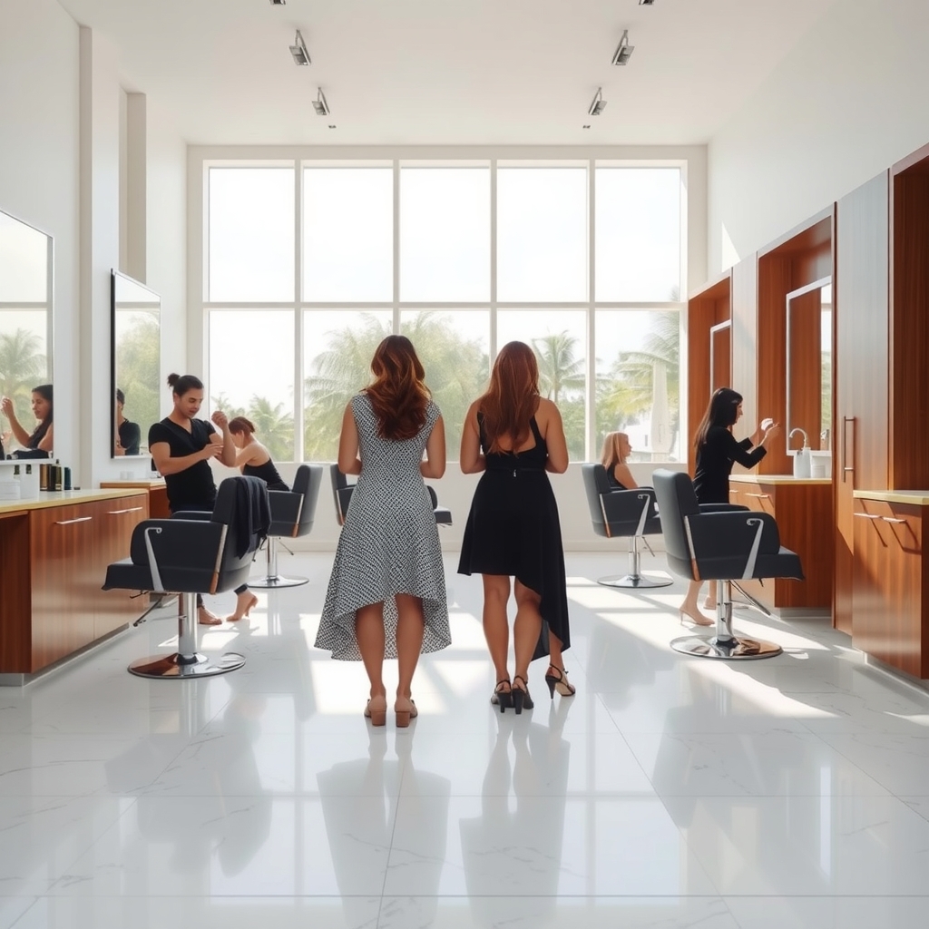 Luxury hair salon interior in Palm Beach, FL with stylists at work in bright natural light.
