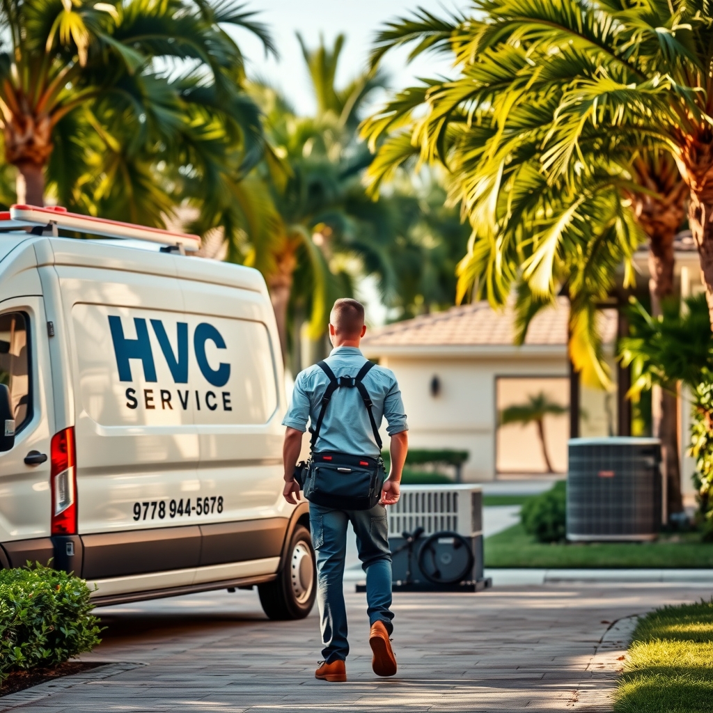 HVAC service technician working at a residential home in Boca Raton, FL on an air conditioning unit.