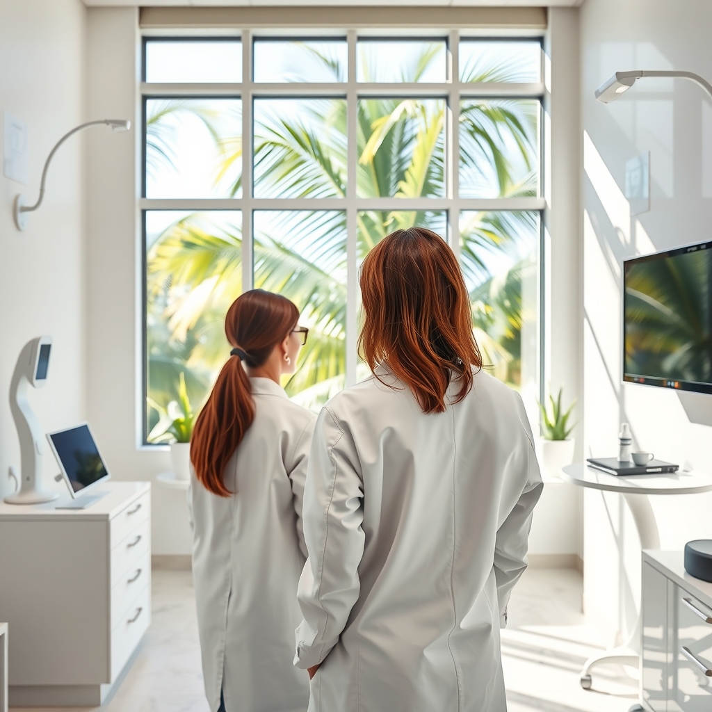 Modern clinical consultation room at a dermatologist office in Palm Beach, FL with soft natural light.