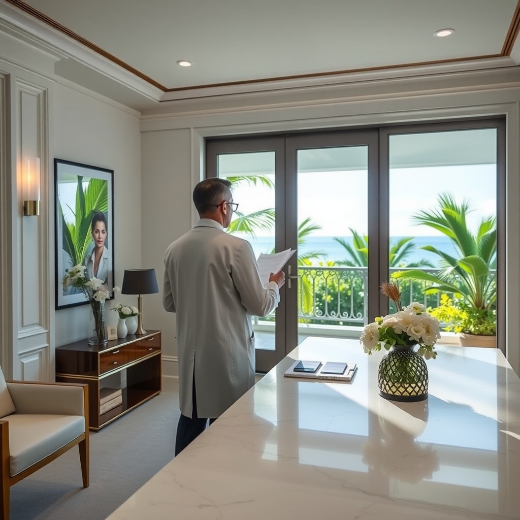 Elegant plastic surgeon consultation office setting in Palm Beach, FL with soft morning light.