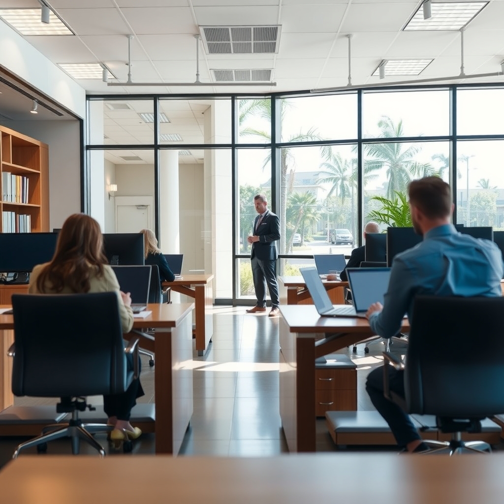Upscale law firm office interior with professionals working in Palm Beach Gardens, FL