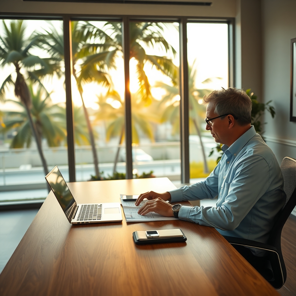Real estate agent working in a sunlit office in Palm Beach Gardens, FL