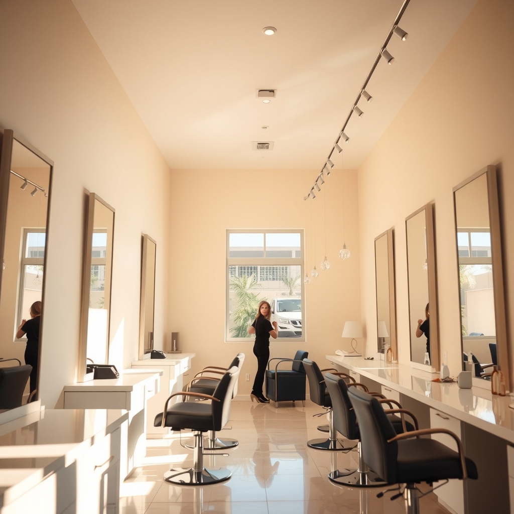 Bright and modern interior of a hair salon in Boca Raton, FL with styling stations and warm lighting.
