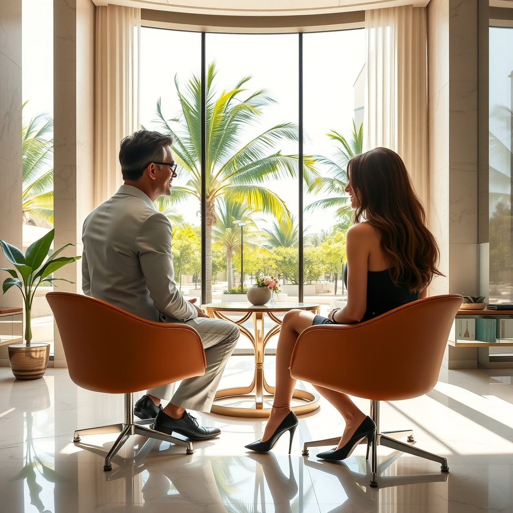 Luxury aesthetic surgical consultation room in Boca Raton, FL overlooking tropical greenery in natural light.