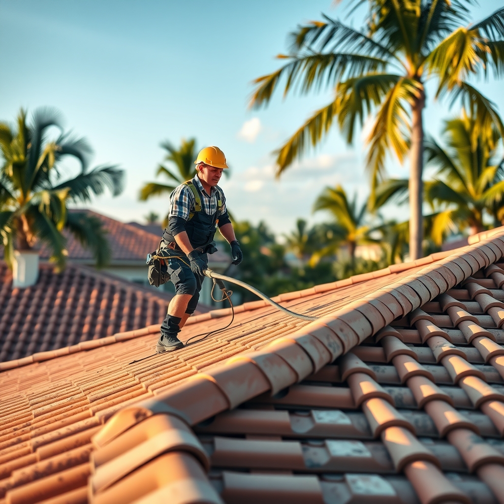 A roofer at work on a residential roof in Delray Beach, FL