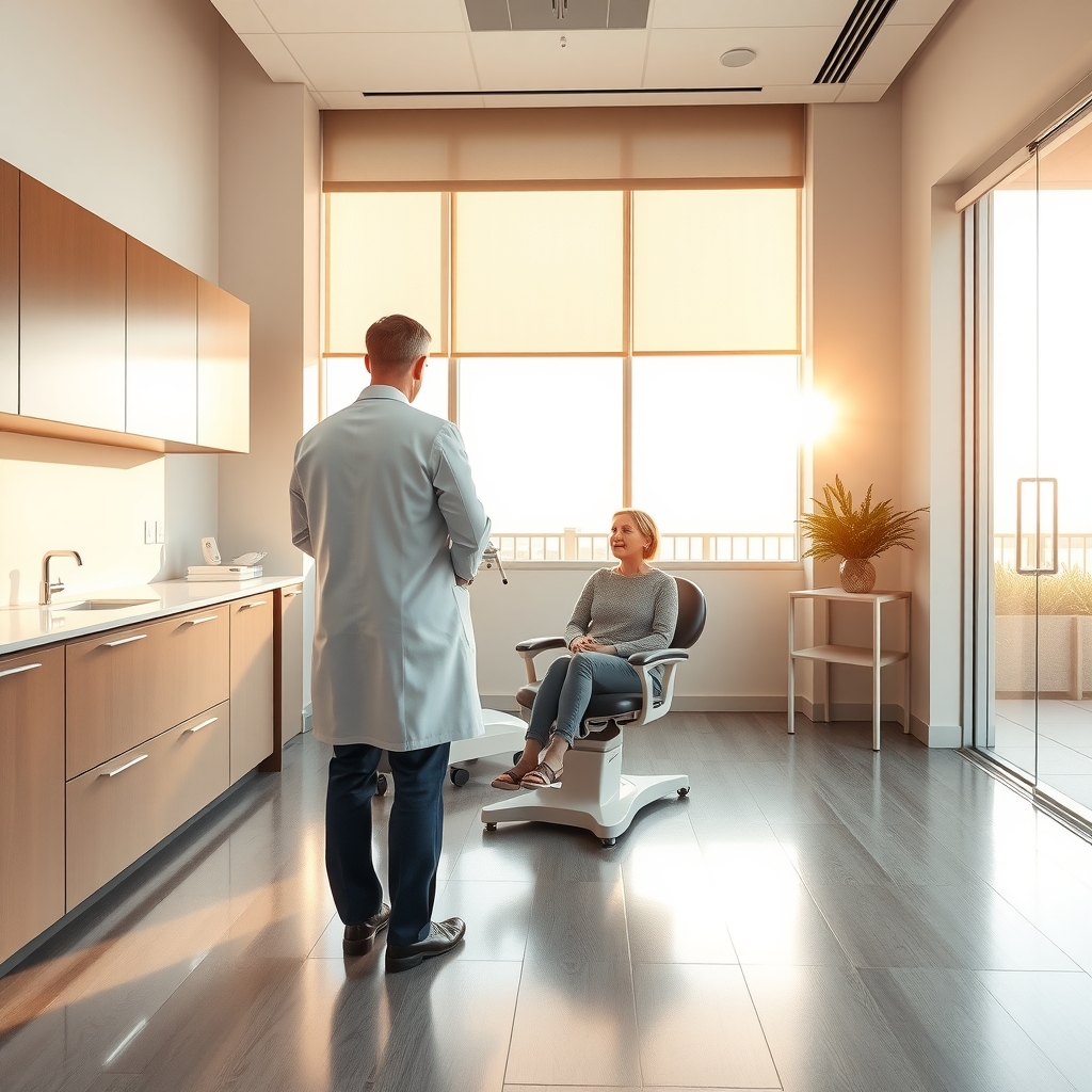 Modern dermatologist consultation office interior in West Palm Beach, FL with natural Florida light.