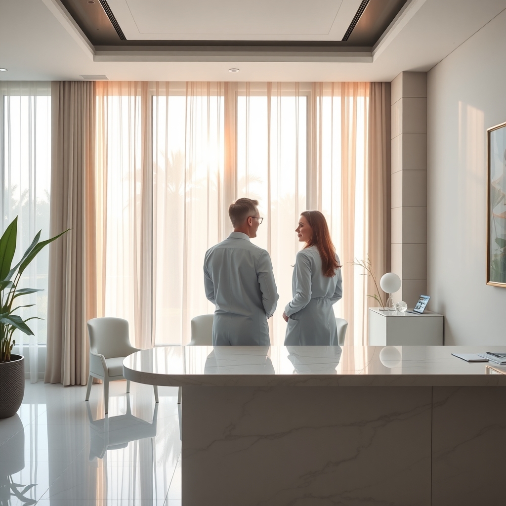 Luxury plastic surgery consultation office in West Palm Beach, FL overlooking coastal greenery.