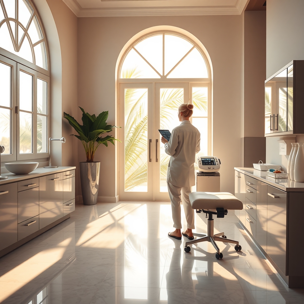 Luxury med spa treatment suite with morning sunlight and coastal architecture in Palm Beach, FL.