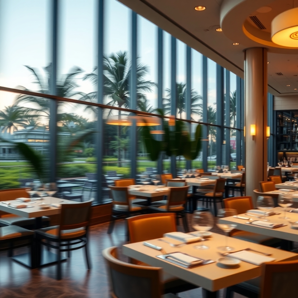 Upscale restaurant interior in Palm Beach Gardens, FL with warm lighting and tables prepared for evening dining