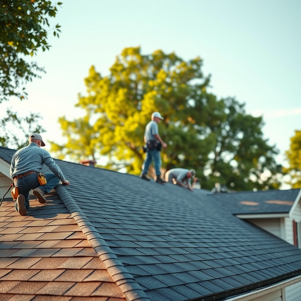 A professional roofing crew installing new shingles on a home in Indianapolis, IN during a clear morning.