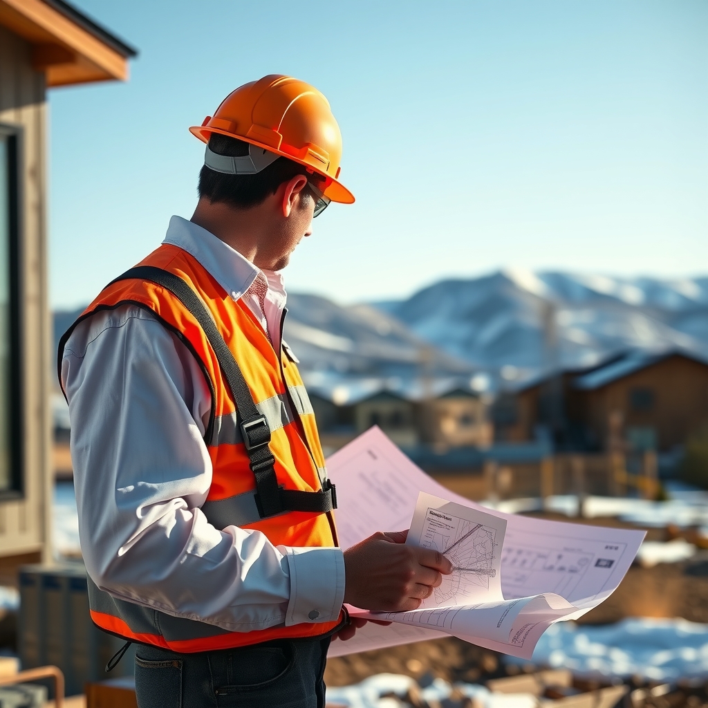 Home builder reviewing plans on a job site in Denver, CO with mountain views.