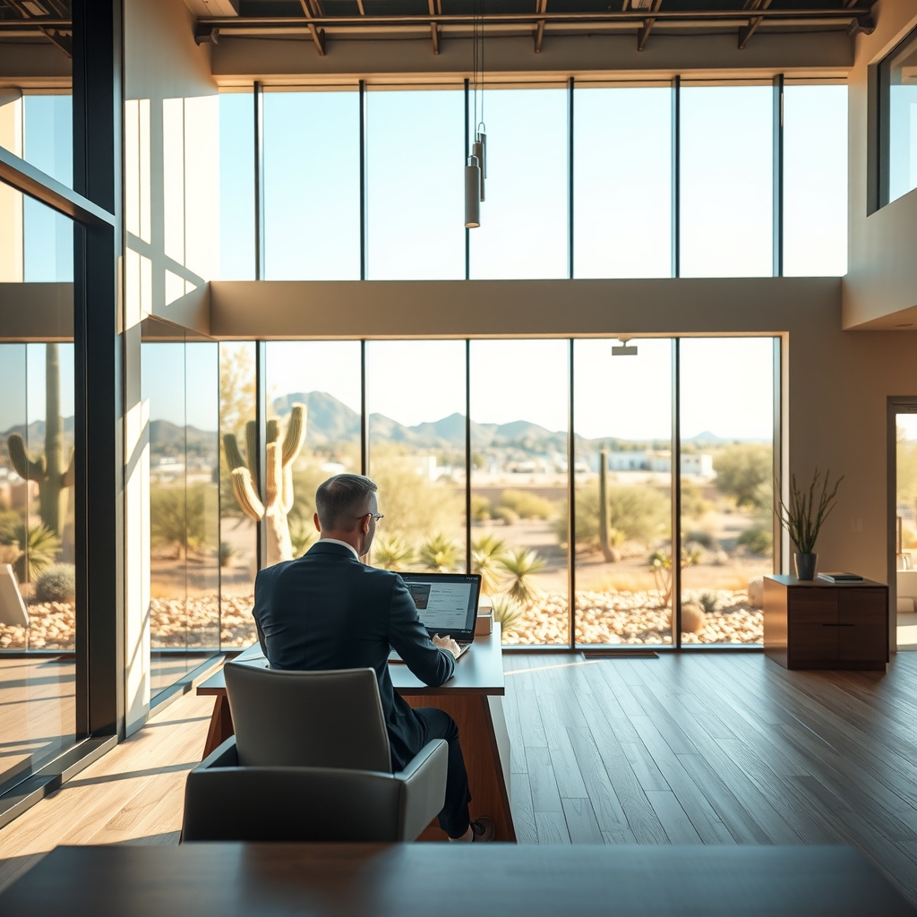 Professional insurance agency office setting in Phoenix, AZ with natural desert sunlight.