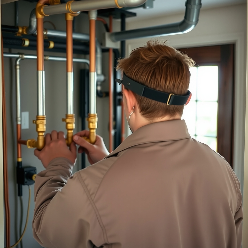 Plumber working on residential pipes in Atlanta, GA during a home plumbing service call.