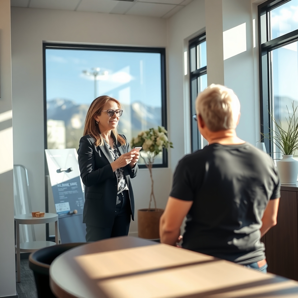 Chiropractor consulting with a patient in a modern Denver, CO clinic under natural light