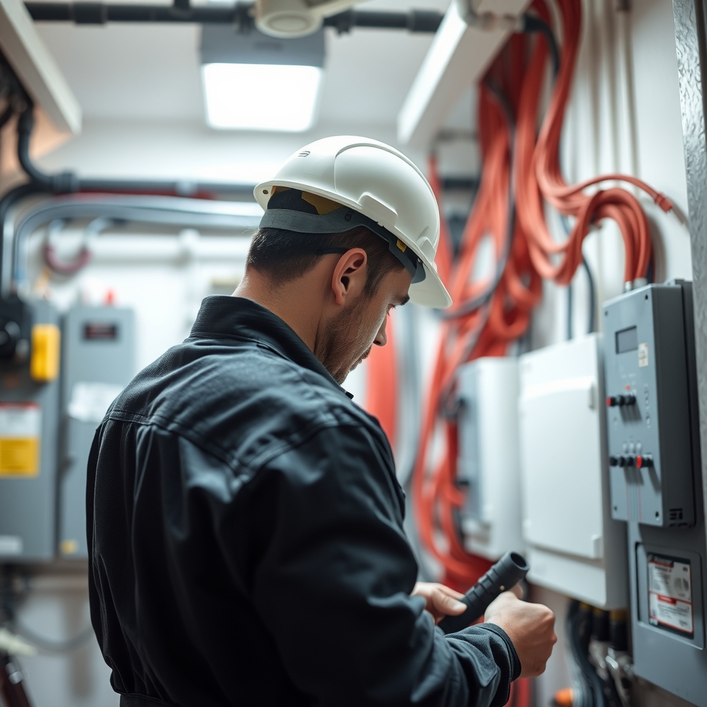Electrician working on a residential service panel in Indianapolis, IN