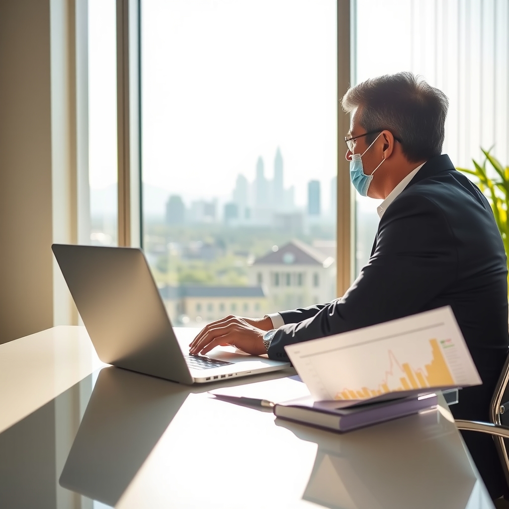 A professional financial advisor working in a modern office with a view of Phoenix, AZ.