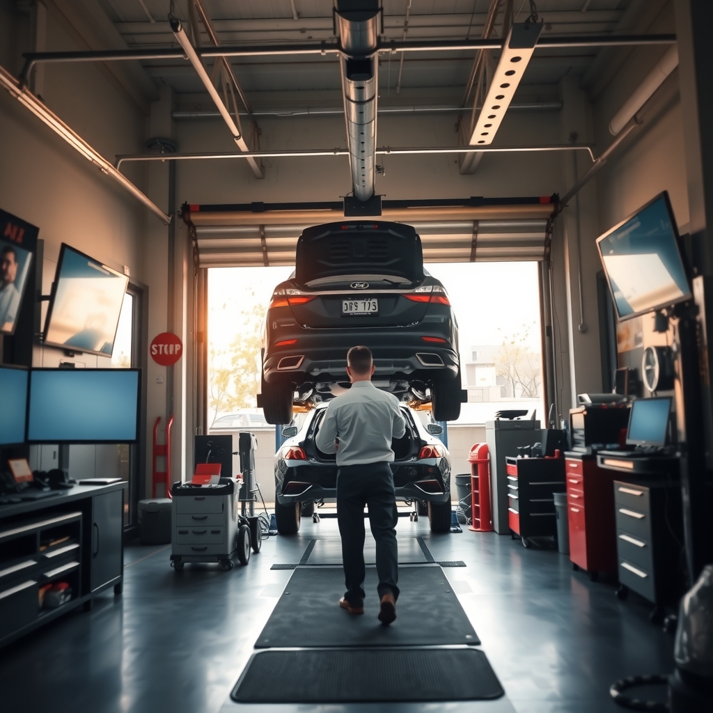 A clean, professional auto repair shop in Atlanta, GA with a mechanic working on a vehicle.