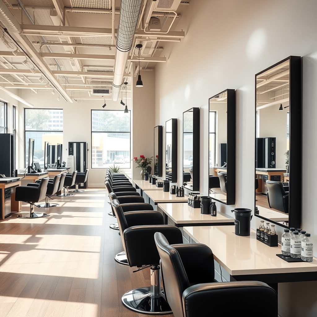 Interior view of a modern hair salon in Indianapolis, IN with styling chairs and mirrors.