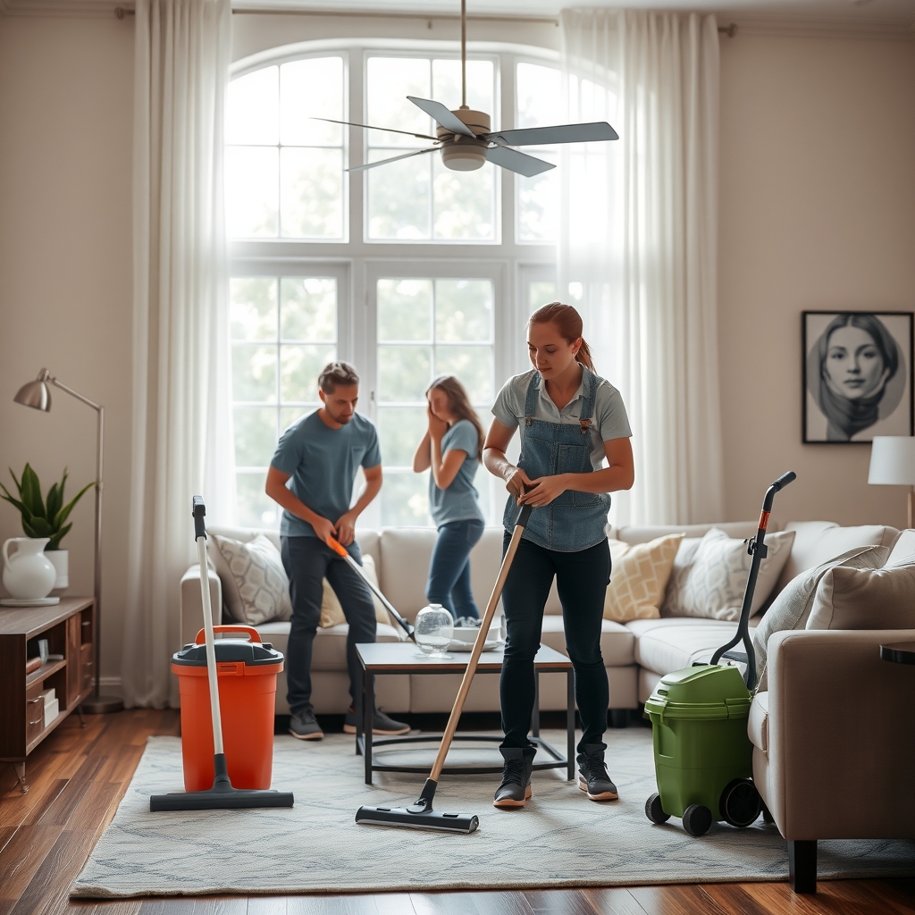 Cleaning service professionals working in a bright residential home in Houston, TX