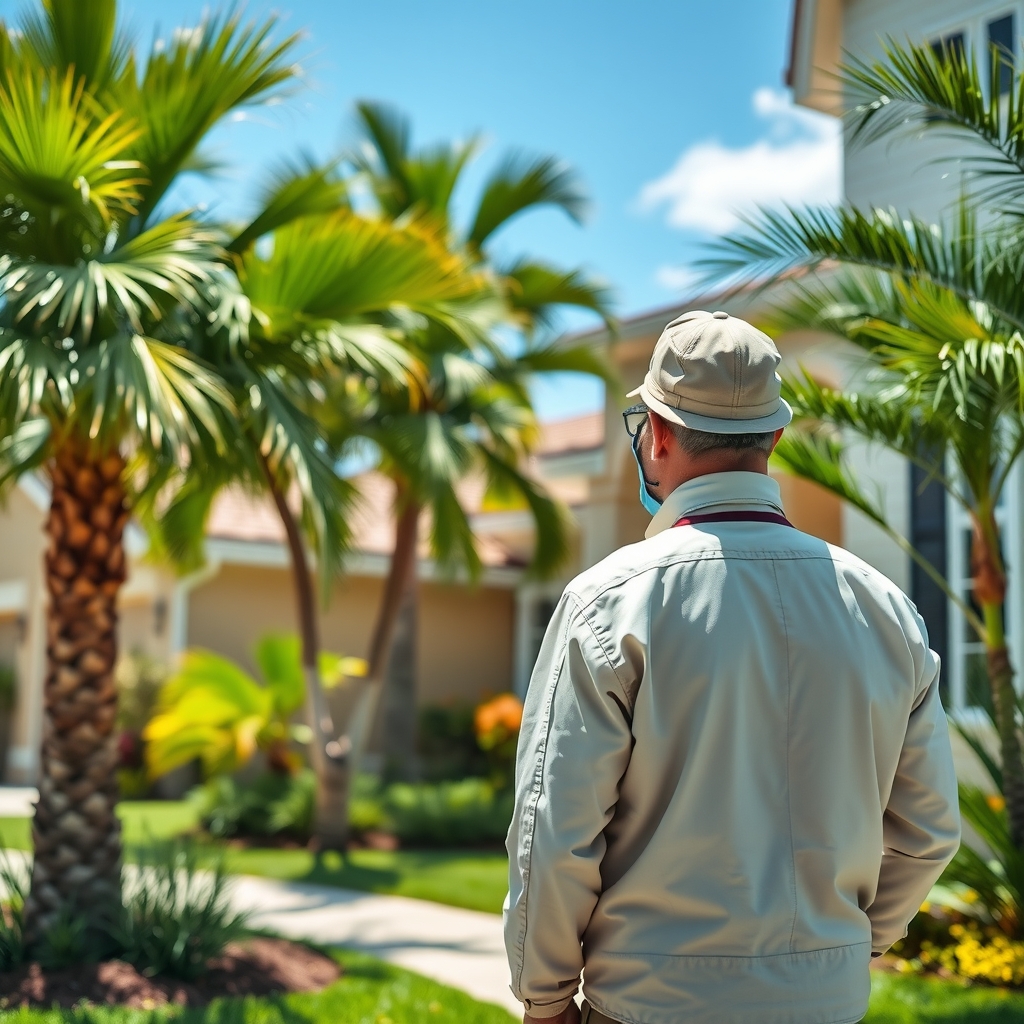 A pest control technician inspecting a home exterior in Tampa, FL, surrounded by tropical landscaping.